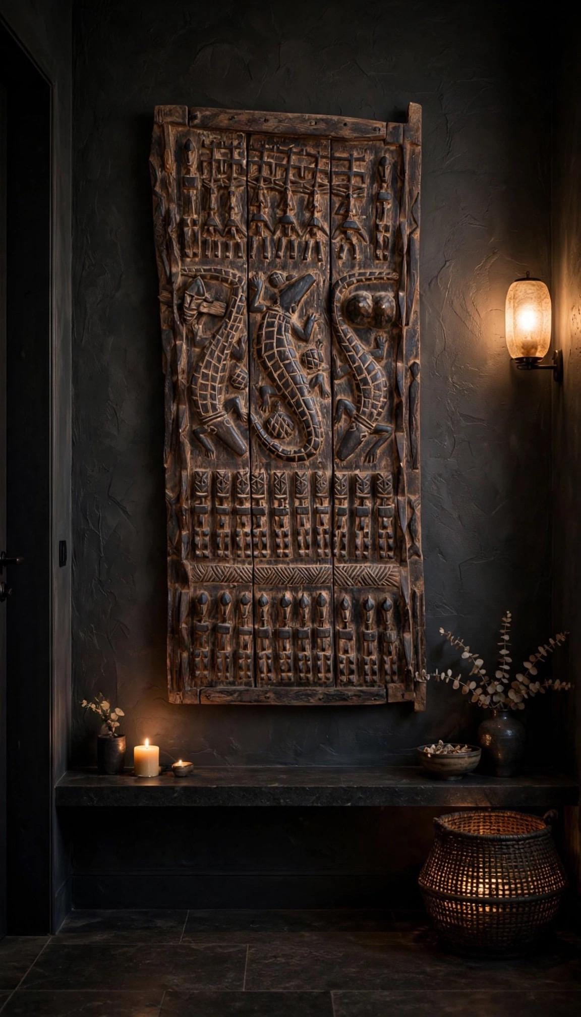 Antique Dogon Door Panel: African Tribal Art, Carved Wood Decor (29x74)