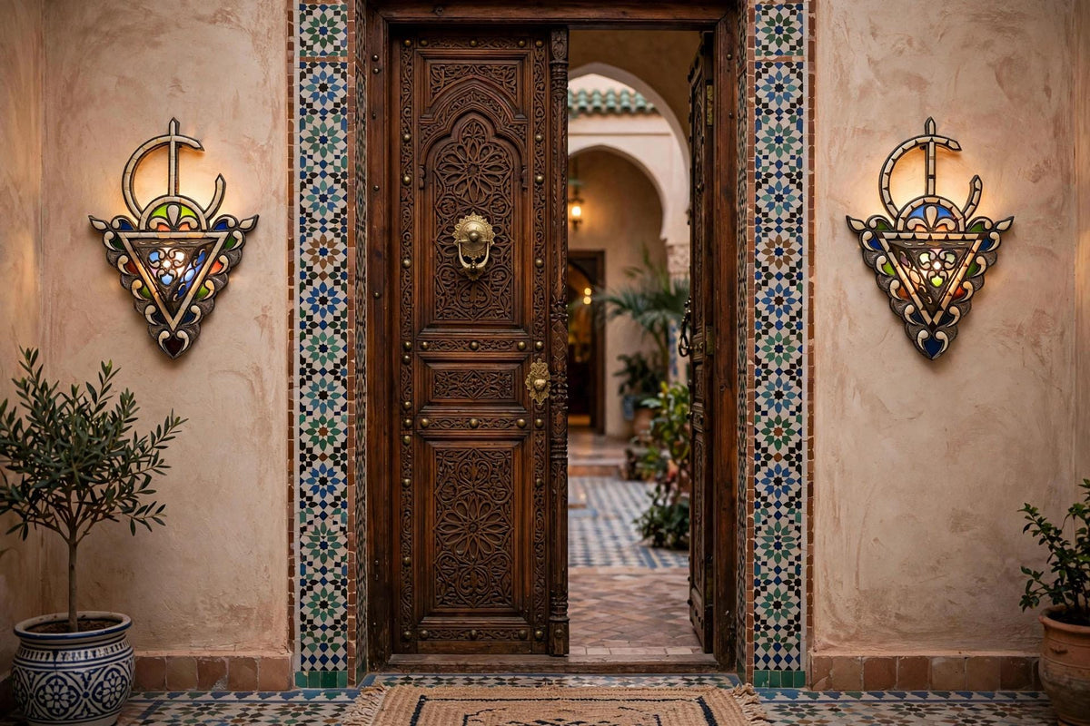 Two Antique Fibula Berber craftsmanship, geometric inlay with intricate chased metalwork. Statement piece