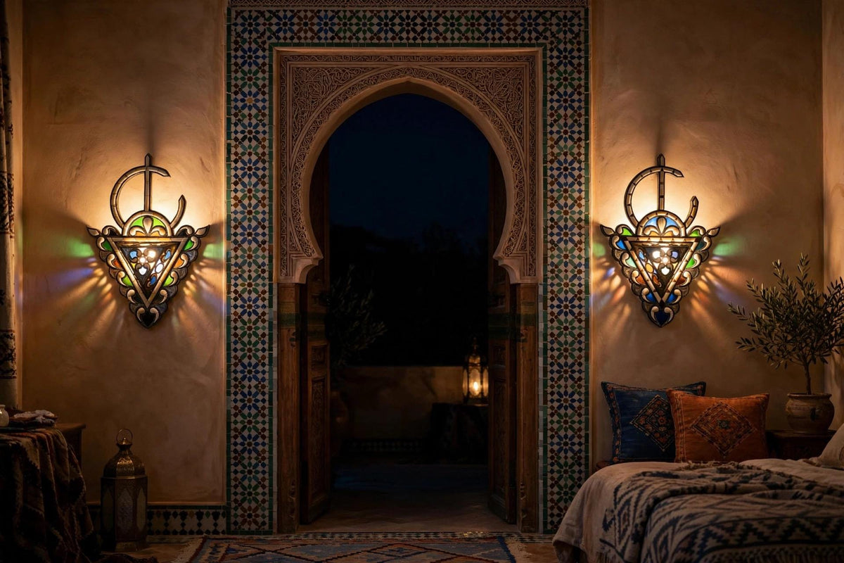 Two Antique Fibula Berber craftsmanship, geometric inlay with intricate chased metalwork. Statement piece