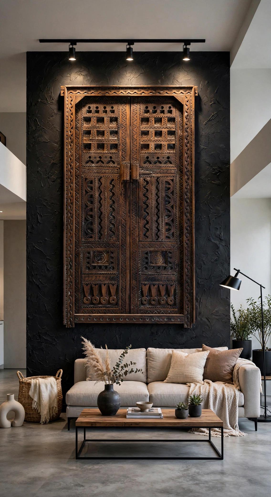 Vintage Carved Wooden Double Door Panel, Berber Symbols (73x36)