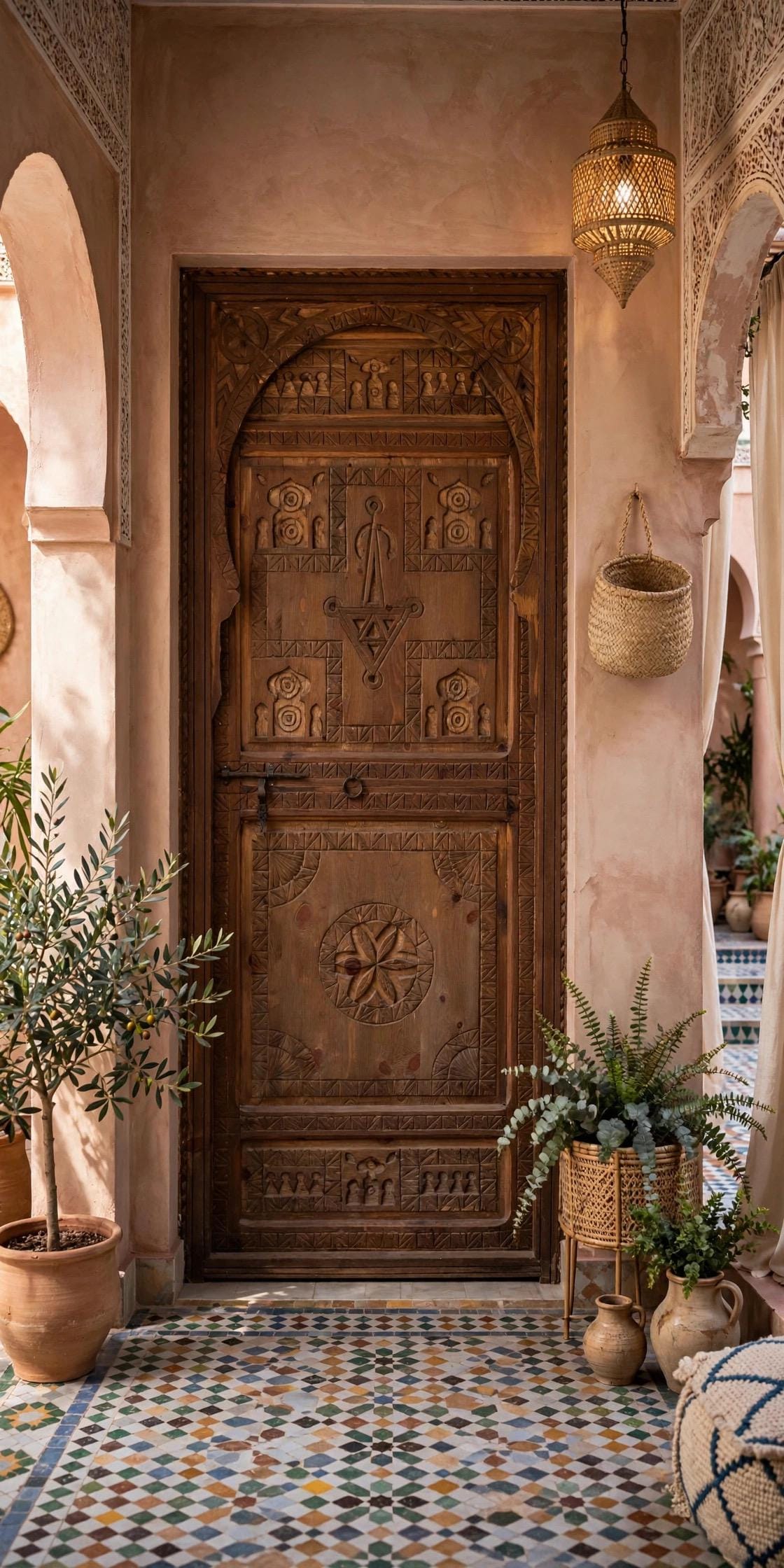 Hand Carved Berber Door: Vintage Moroccan Touareg Cedar, 79" x 32.5"