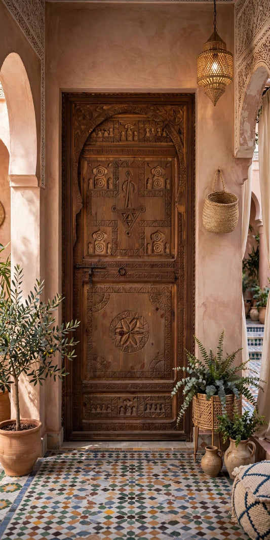 Hand Carved Berber Door: Vintage Moroccan Touareg Cedar, 79" x 32.5"
