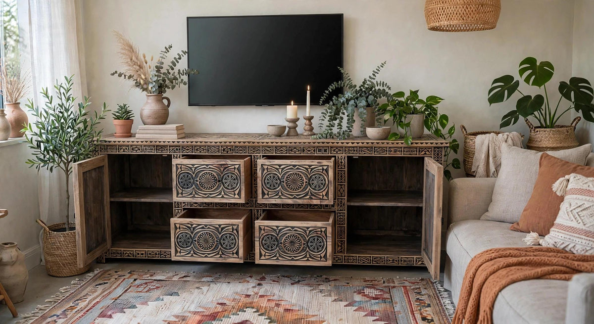Handmade African Carved Wood Cabinet, Moorish Dresser, 205cm