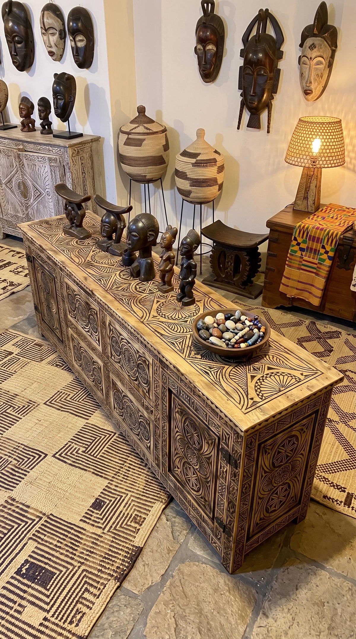 Handmade African Carved Wood Cabinet, Moorish Dresser, 205cm