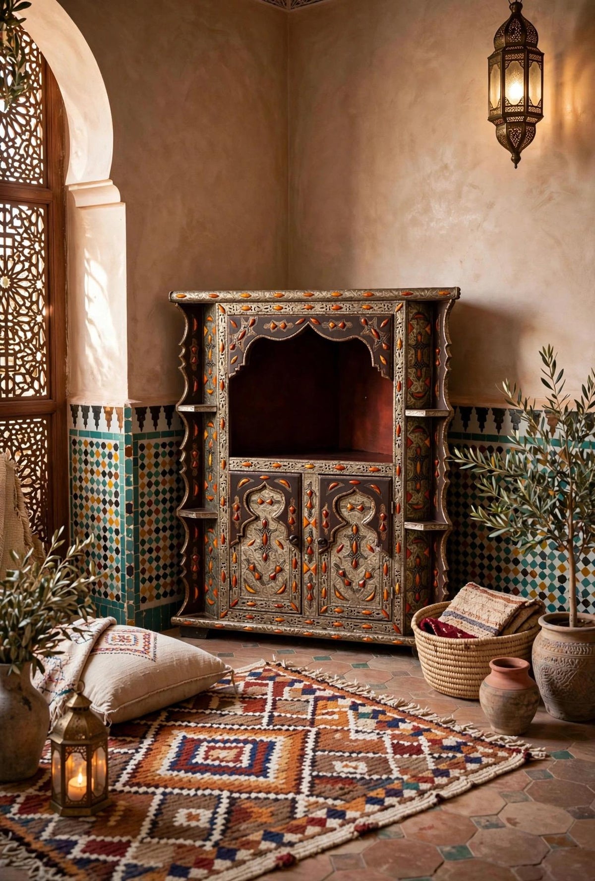 Inlaid Camel Bone Corner Cabinet - Moroccan Berber Ethnic Decor
