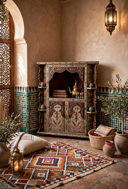 Inlaid Camel Bone Corner Cabinet - Moroccan Berber Ethnic Decor