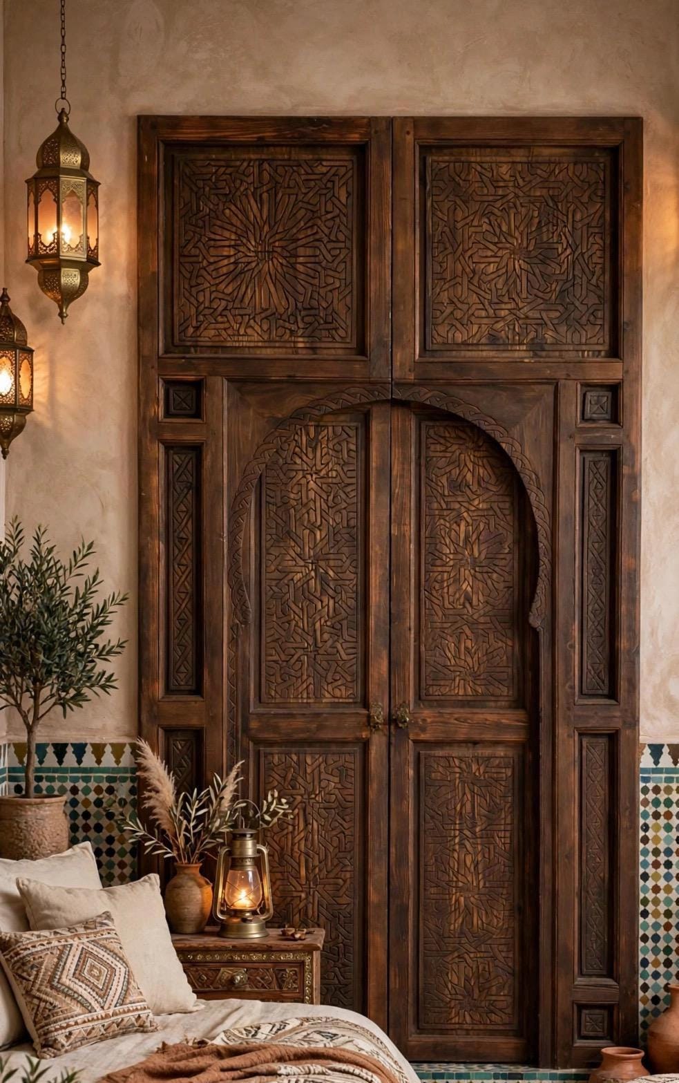 Hand Carved Moroccan Double Door Panels, Cedar Moorish Artwork (104x49)