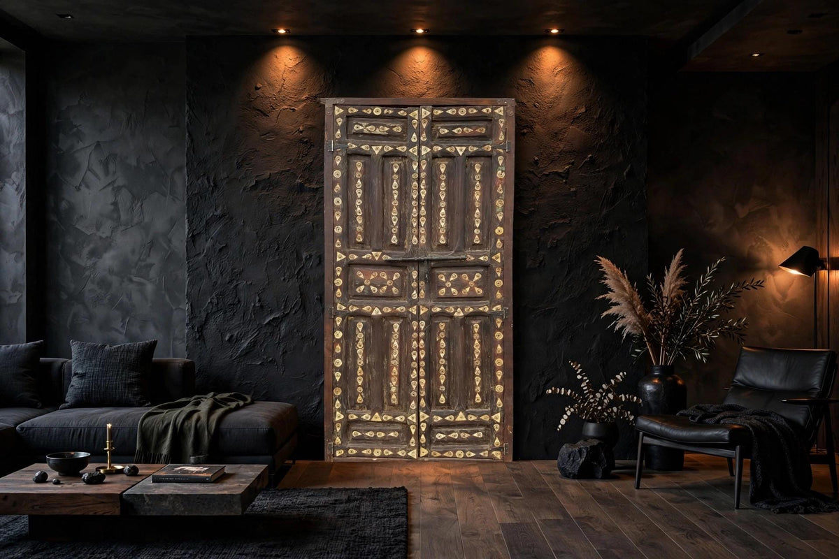 Unique inlay Cedar Door, Antique Moroccan Riad Double Panels