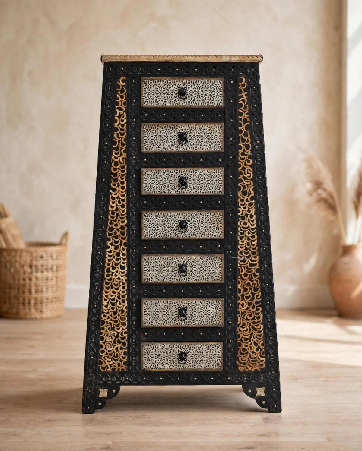 Inlaid Camel Bone Cabinet: Moroccan Moorish Dresser, Tall Orange Accent