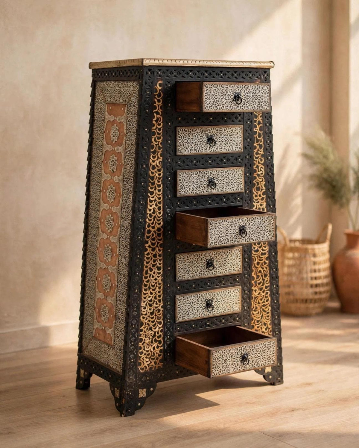 Inlaid Camel Bone Cabinet: Moroccan Moorish Dresser, Tall Orange Accent