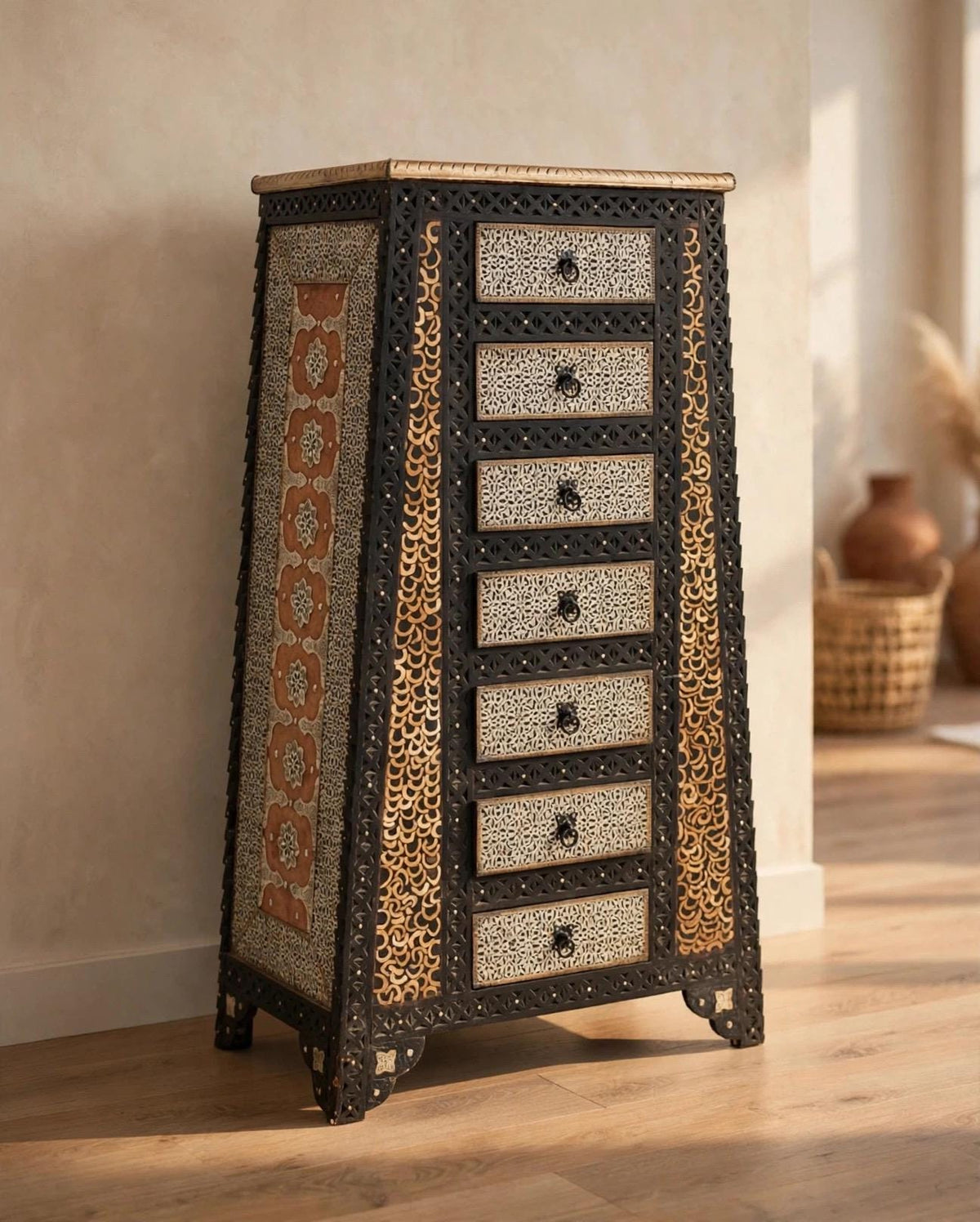 Inlaid Camel Bone Cabinet: Moroccan Moorish Dresser, Tall Orange Accent