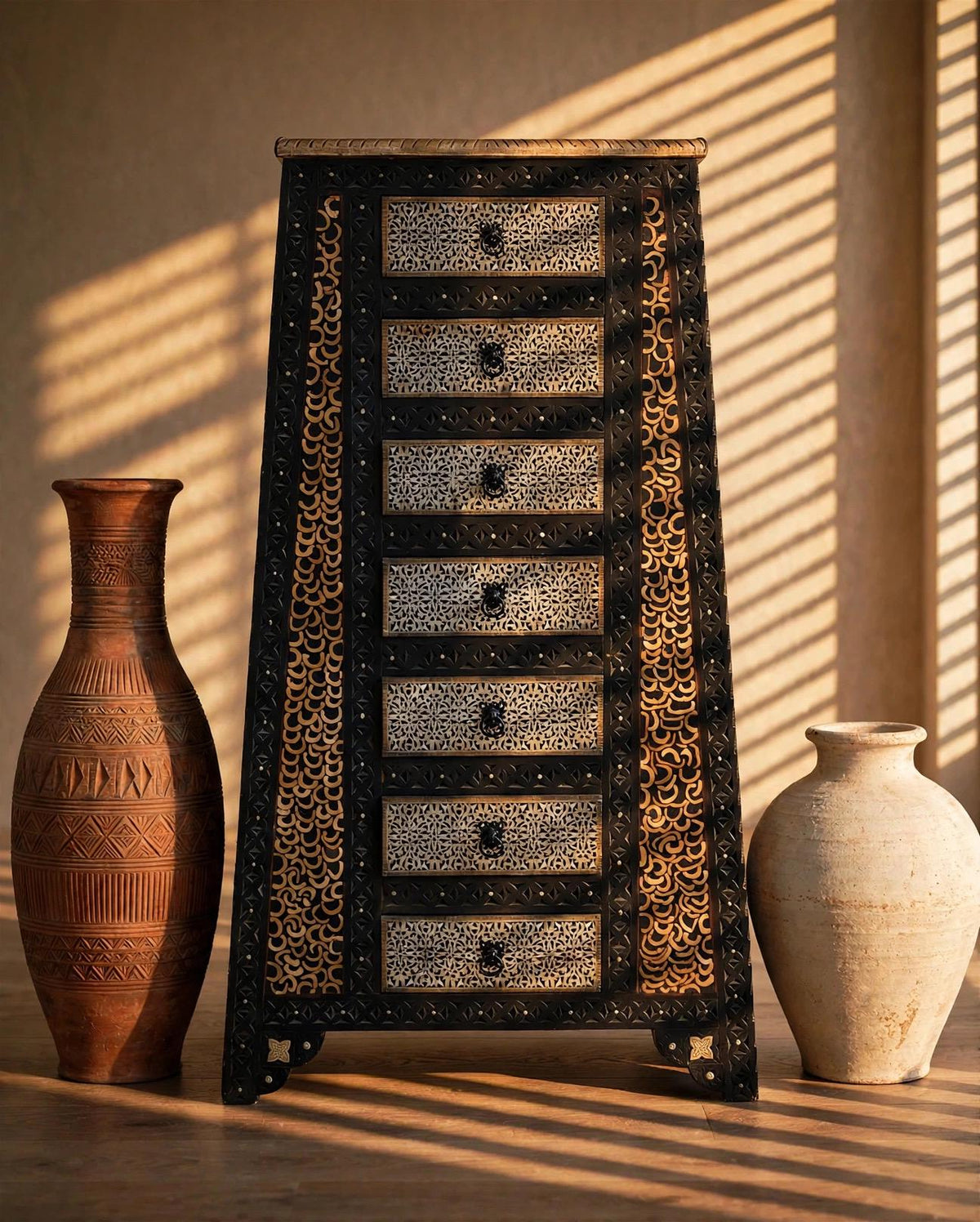 Inlaid Camel Bone Cabinet: Moroccan Moorish Dresser, Tall Orange Accent