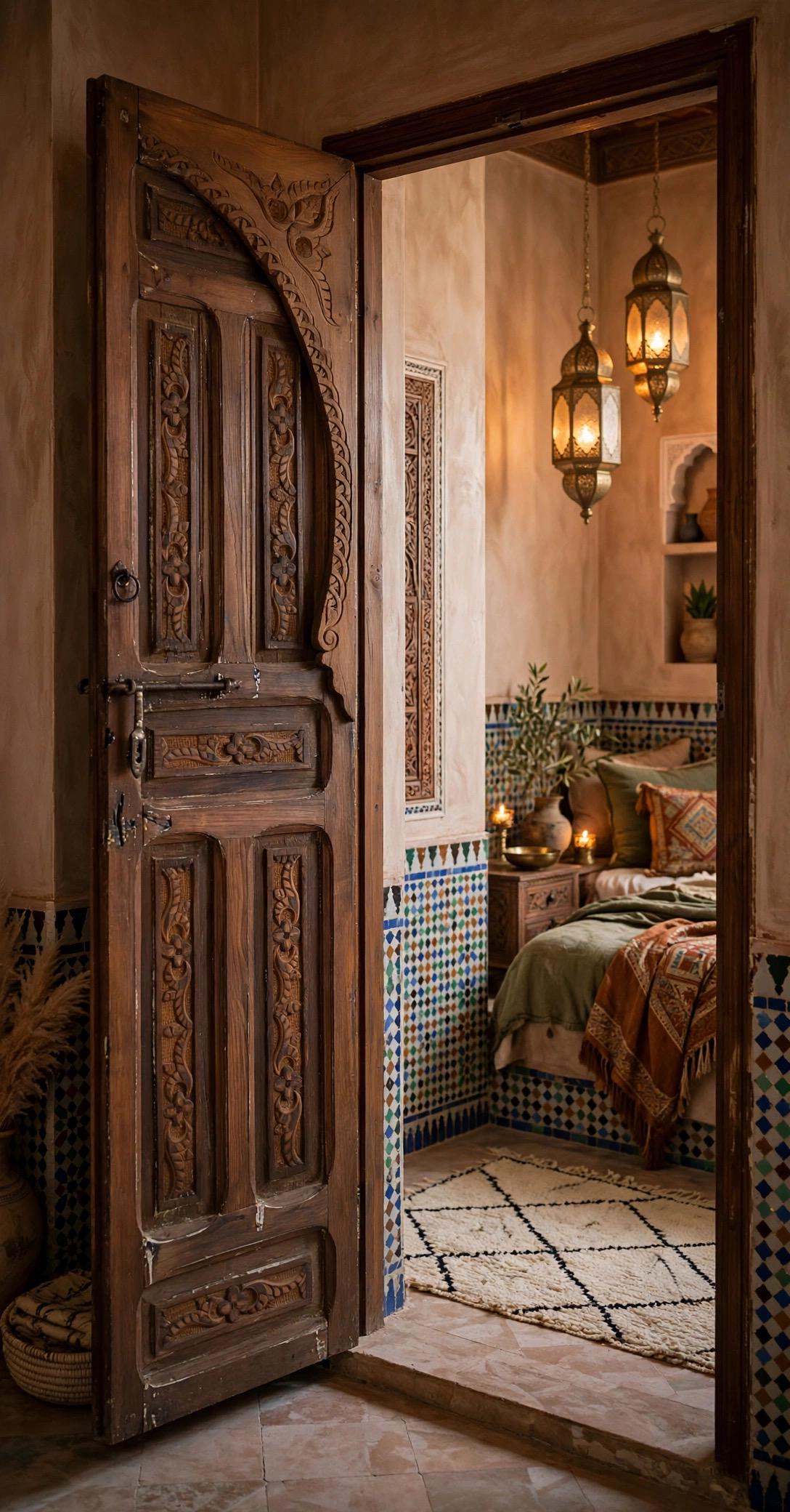 Handmade Vintage Moroccan Carved Wood Door Panels (78x40)