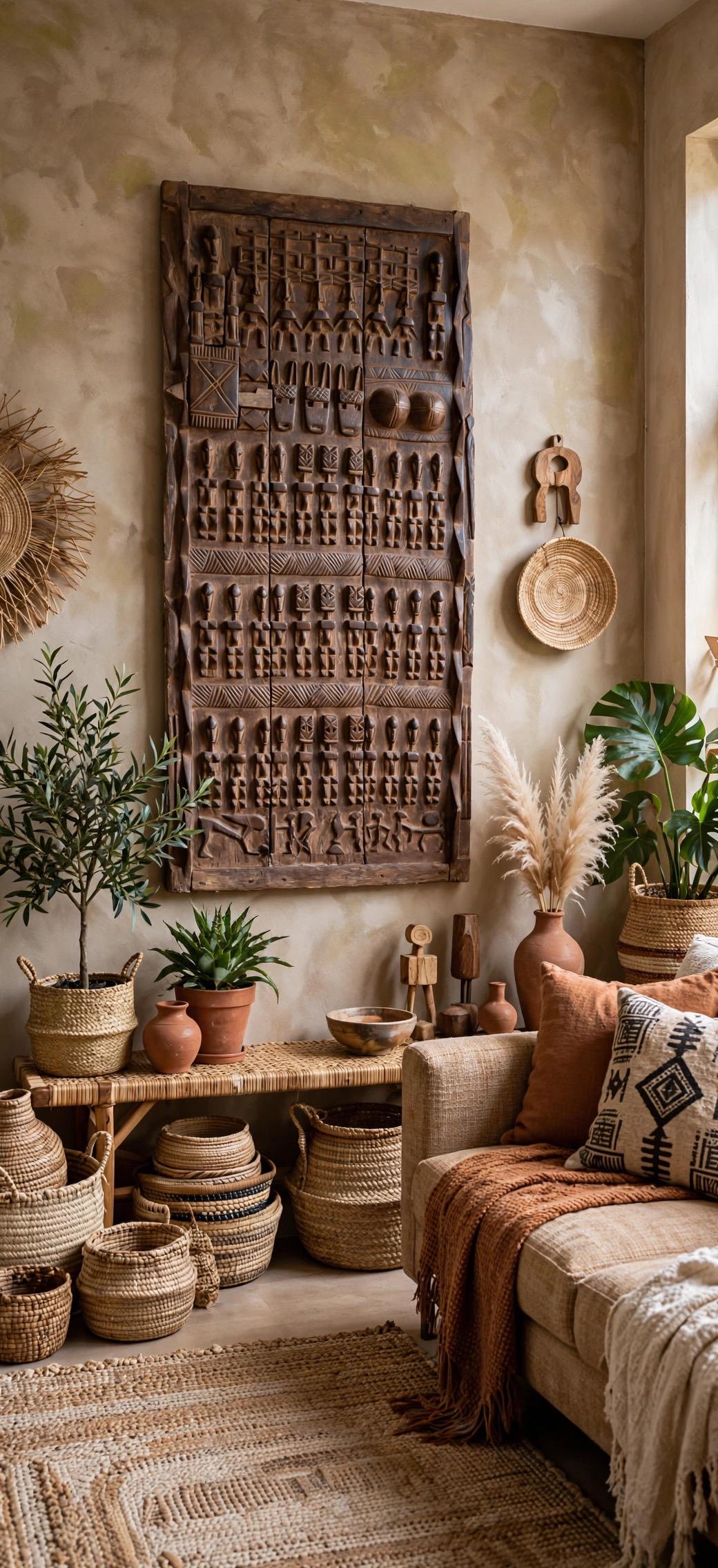 Wall decor Antique African Dogon Door Panel: Carved Wood Tribal Art (74x32)
