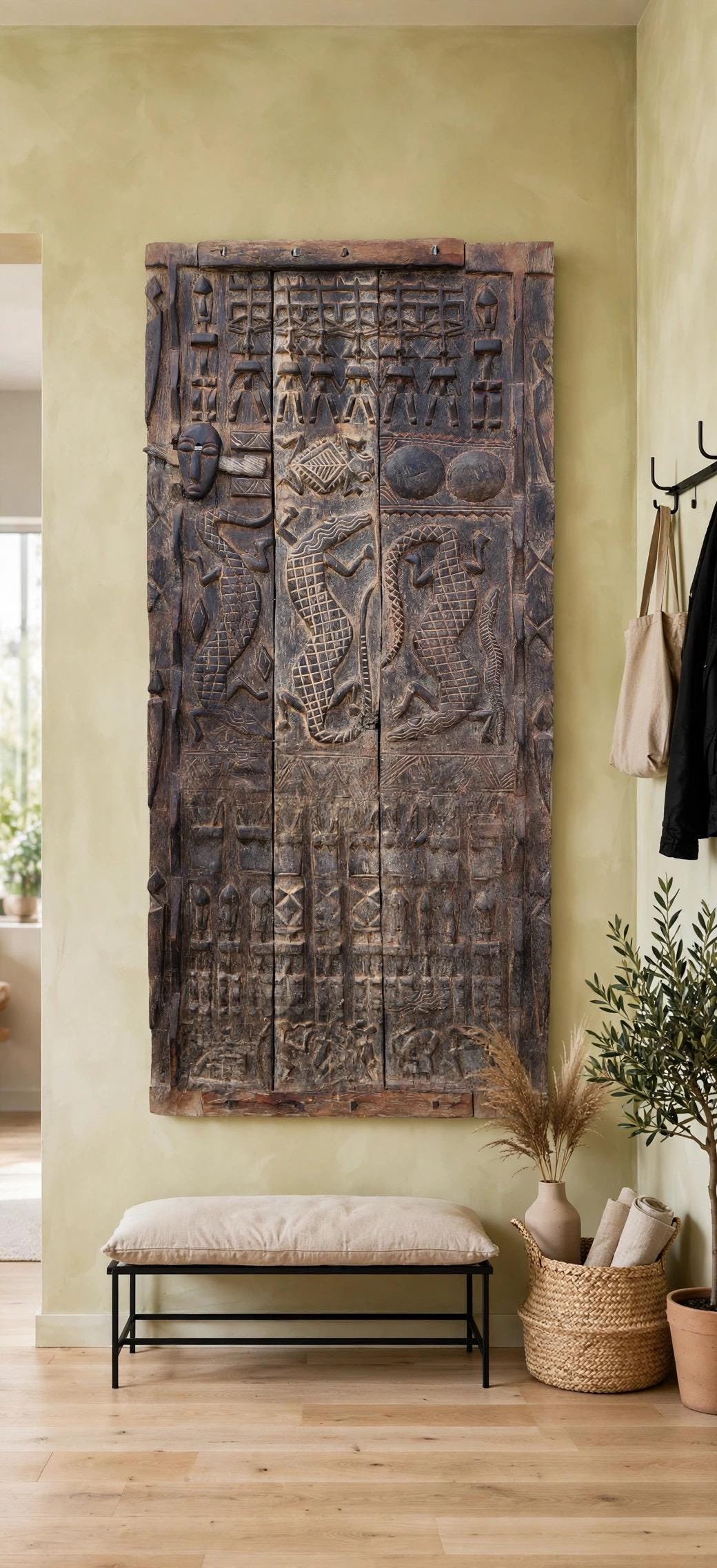 Unique Wall decor Antique African Dogon Granary Door Panel: Carved Wood Tribal Art (76x34)
