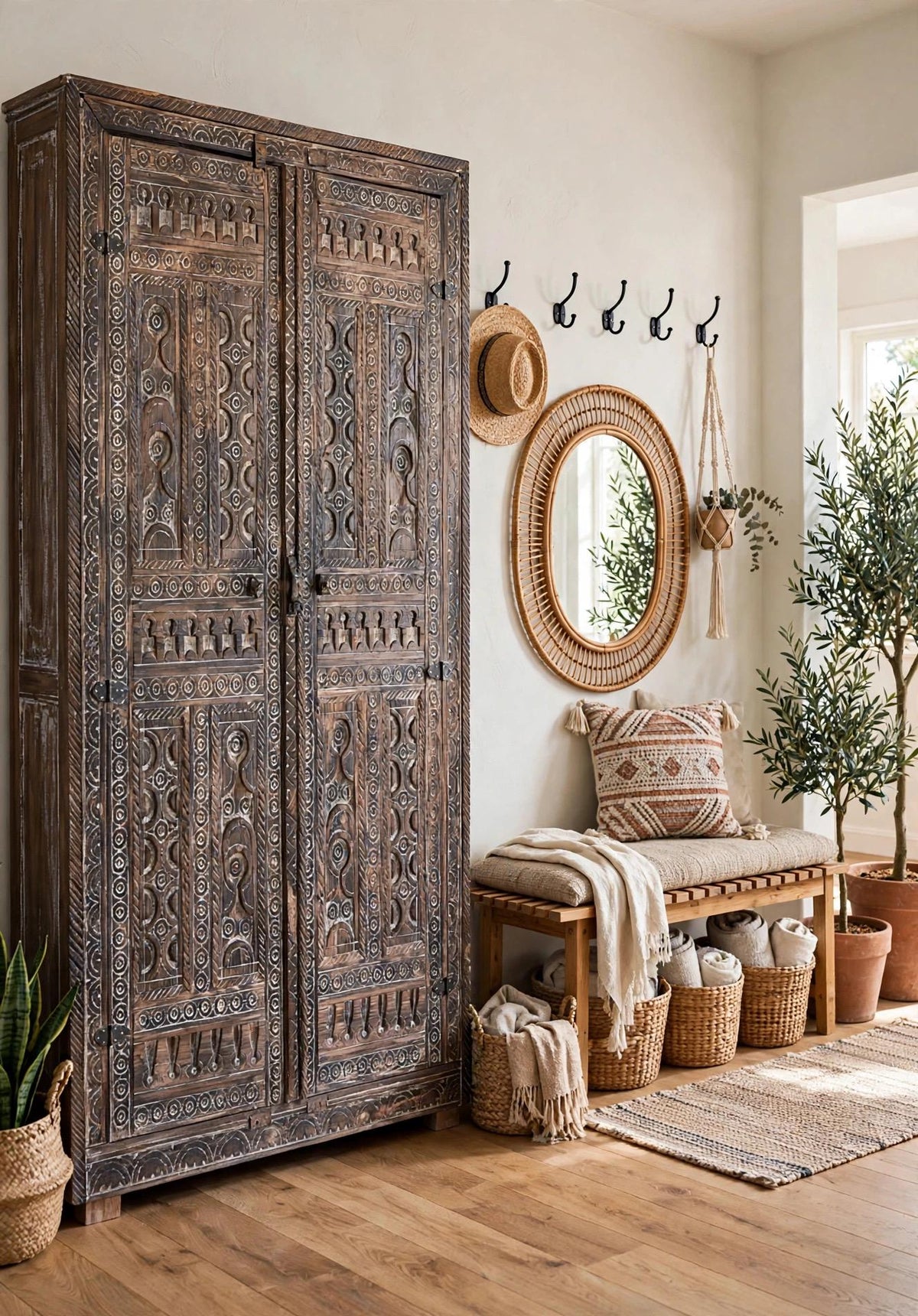 Handmade wooden Moroccan Touareg African armoire with tribal detailing, ideal for a unique bedroom storage cabinet by Justmorocco.