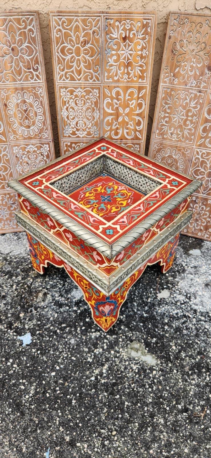Hand-Painted Moroccan Zouak Side Table with Embossed Metal Trim