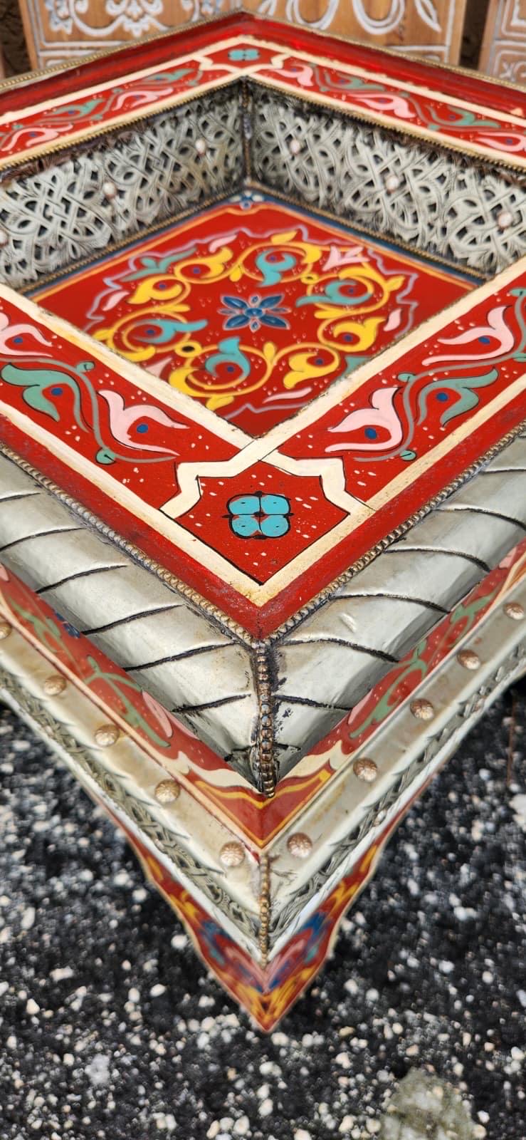 Hand-Painted Moroccan Zouak Side Table with Embossed Metal Trim