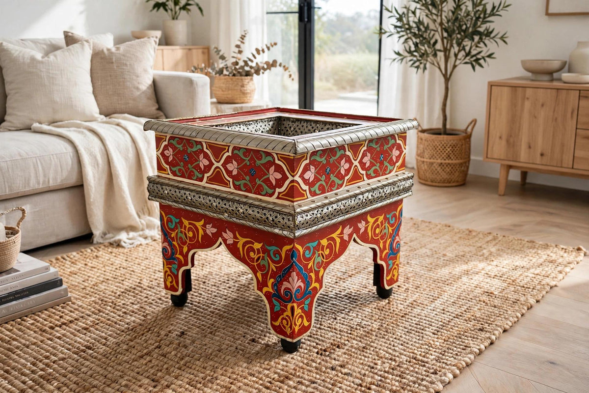 Hand-Painted Moroccan Zouak Side Table with Embossed Metal Trim