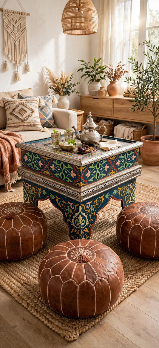Blue Hand-Painted Moroccan Zouak Side Table with Embossed Metal Trim