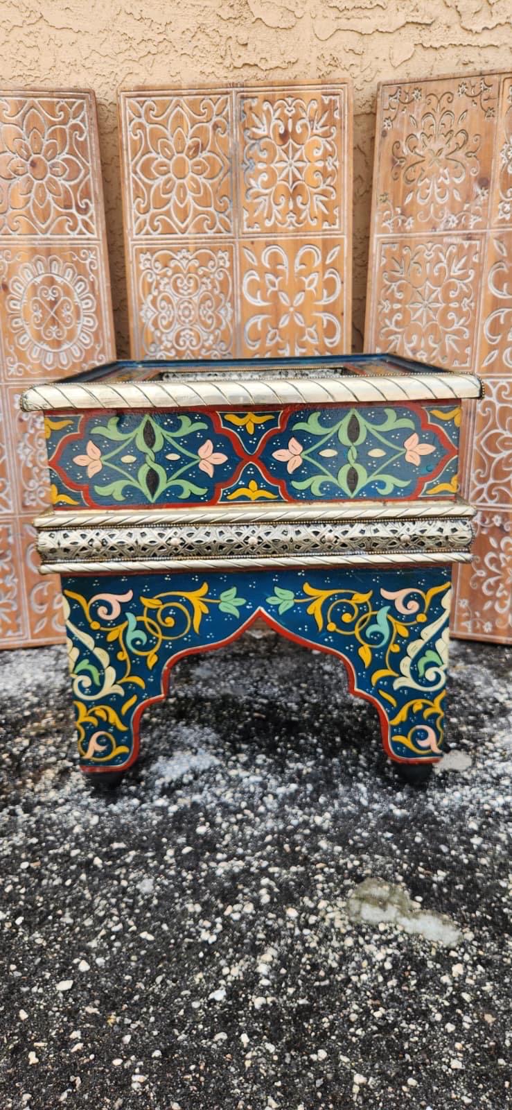 Blue Hand-Painted Moroccan Zouak Side Table with Embossed Metal Trim