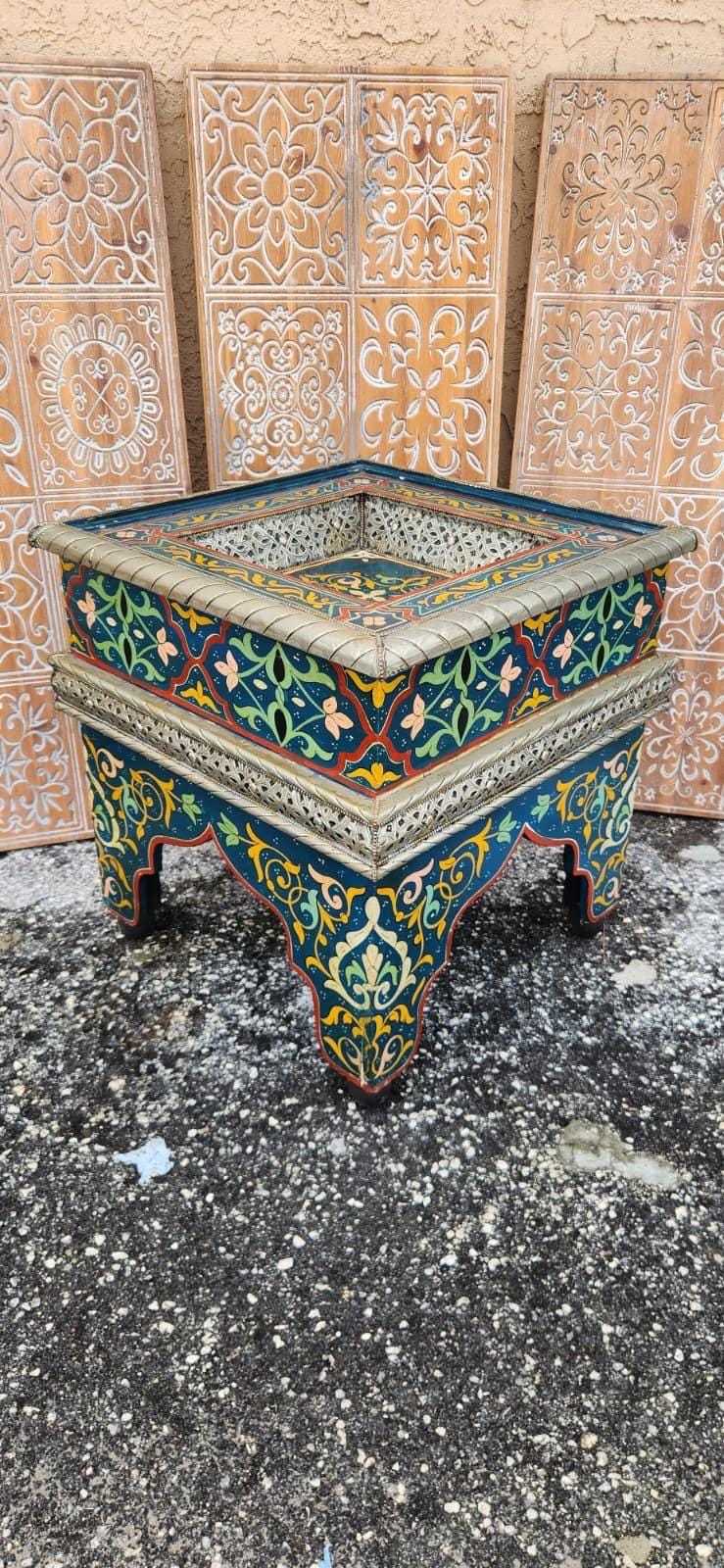 Blue Hand-Painted Moroccan Zouak Side Table with Embossed Metal Trim