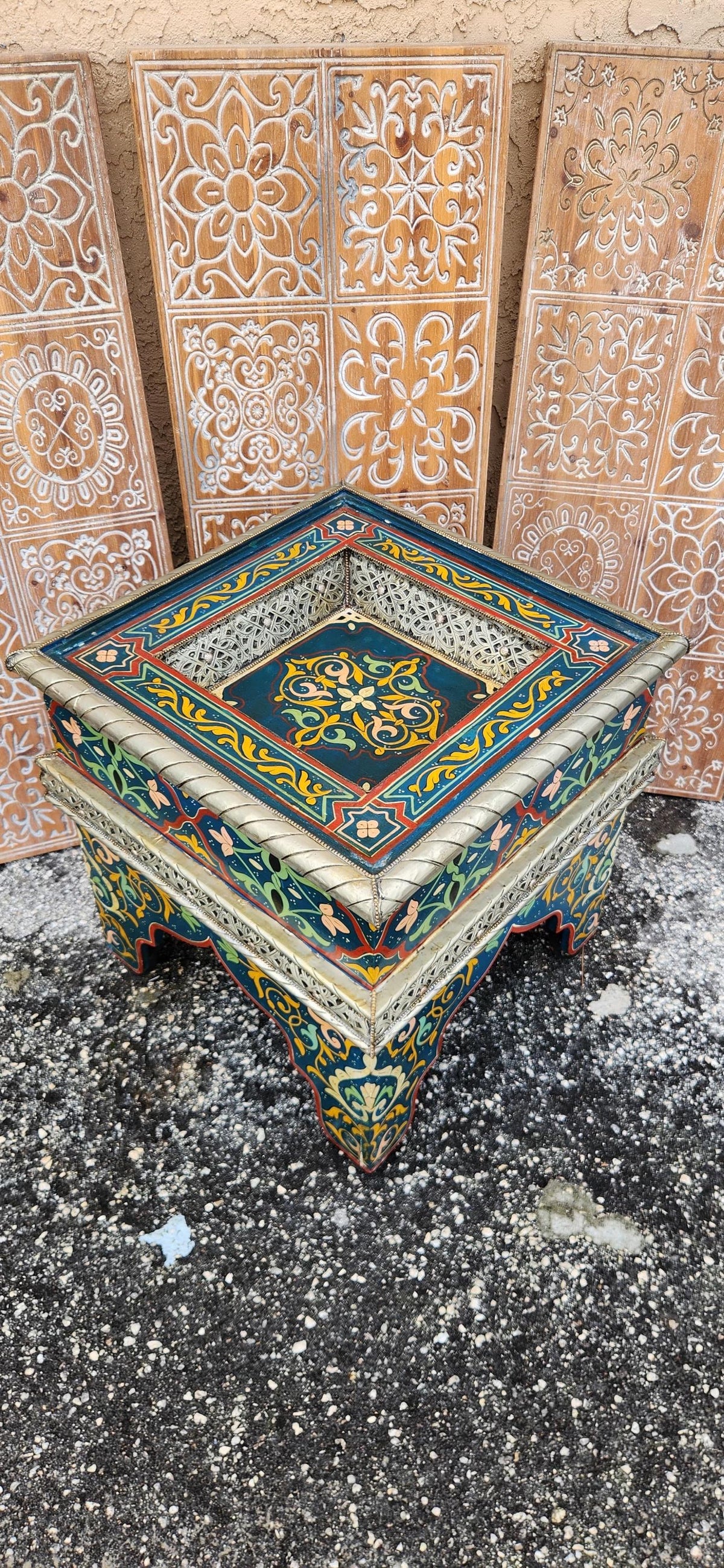 Blue Hand-Painted Moroccan Zouak Side Table with Embossed Metal Trim