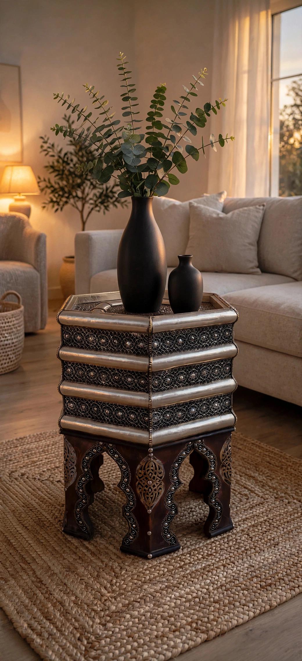 One of a kind Vintage Moroccan silver metal side Table: Handmade coffee table