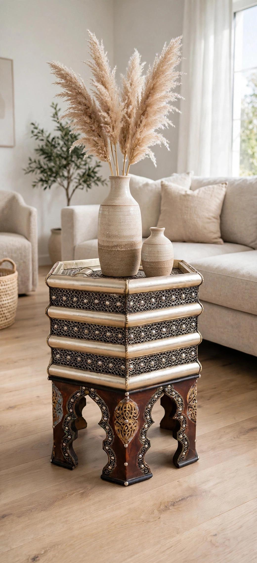 One of a kind Vintage Moroccan silver metal side Table: Handmade coffee table