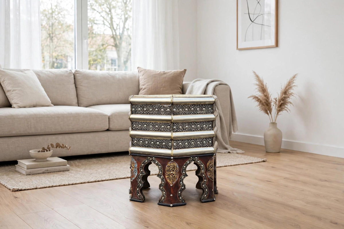 One of a kind Vintage Moroccan silver metal side Table: Handmade coffee table