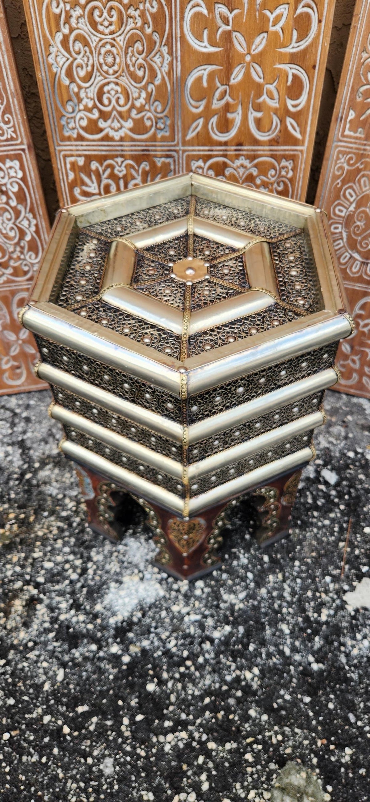 One of a kind Vintage Moroccan silver metal side Table: Handmade coffee table