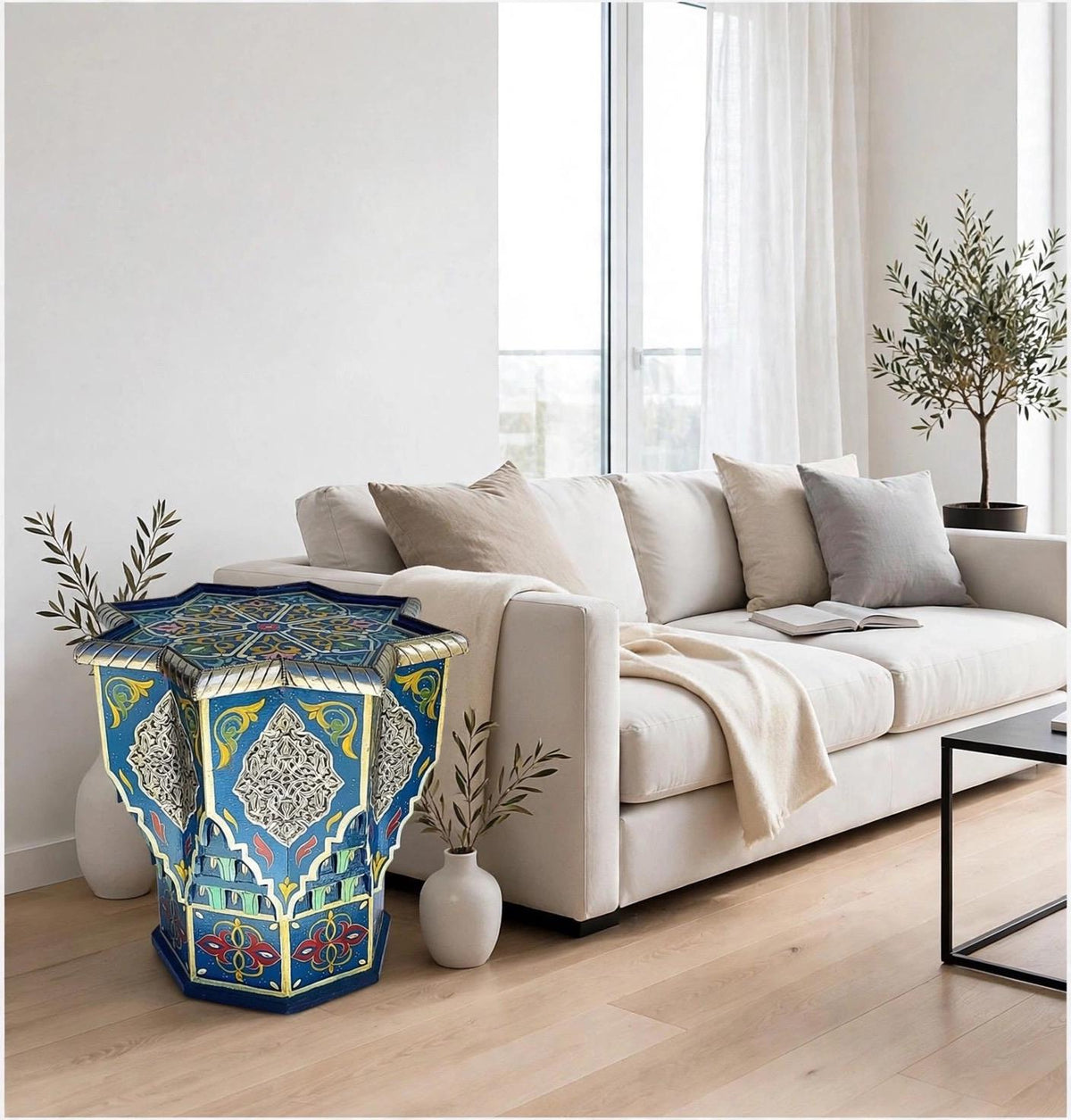 Hand-Painted Moroccan Star Table with Silver Accents – Boho Accent Furniture