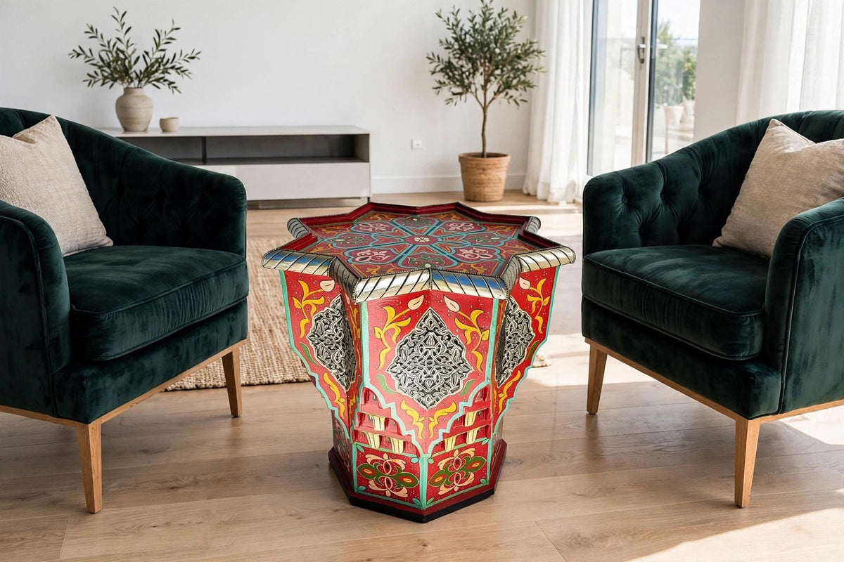 Hand-Painted Moroccan Wooden Table with Silver Inlay