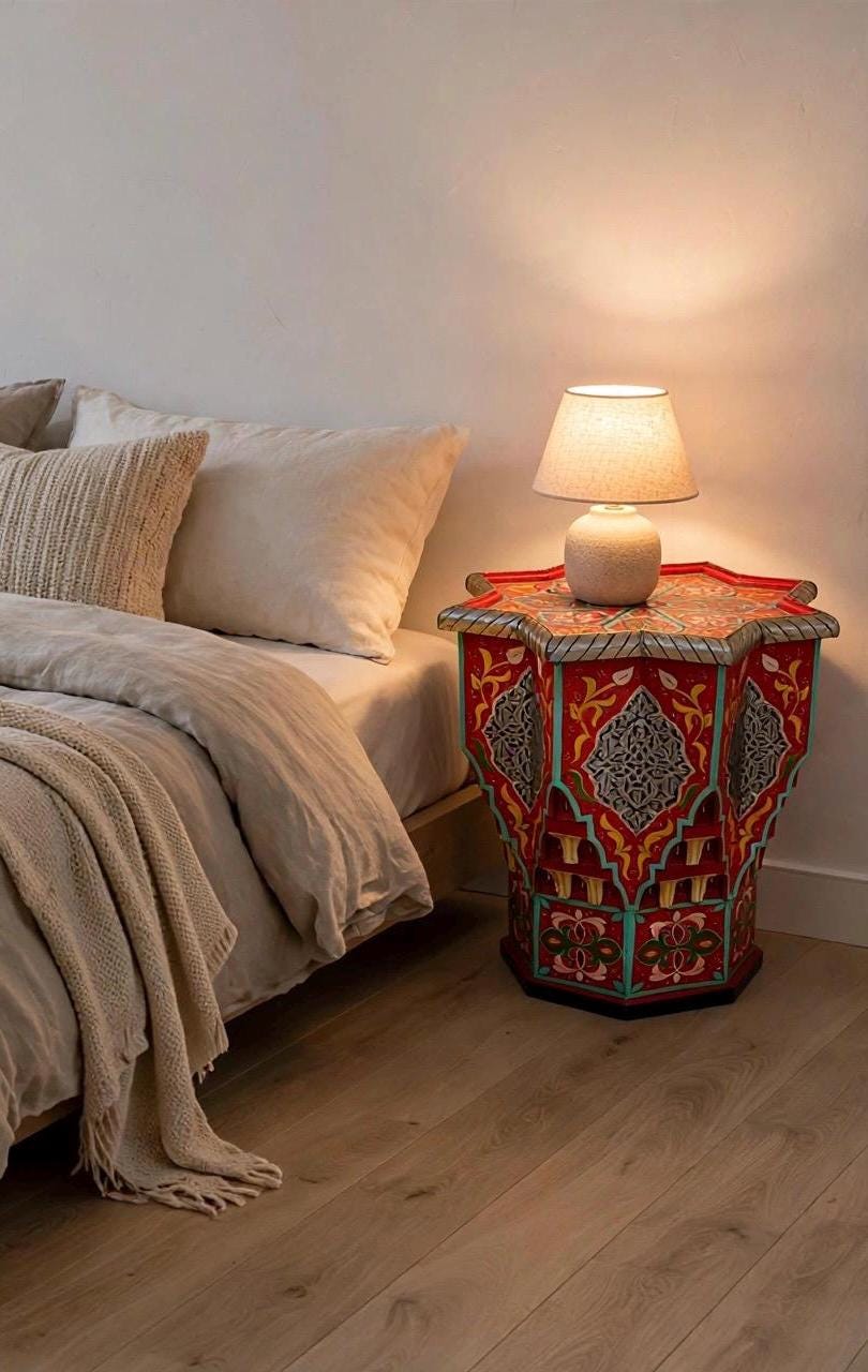 Hand-Painted Moroccan Wooden Table with Silver Inlay