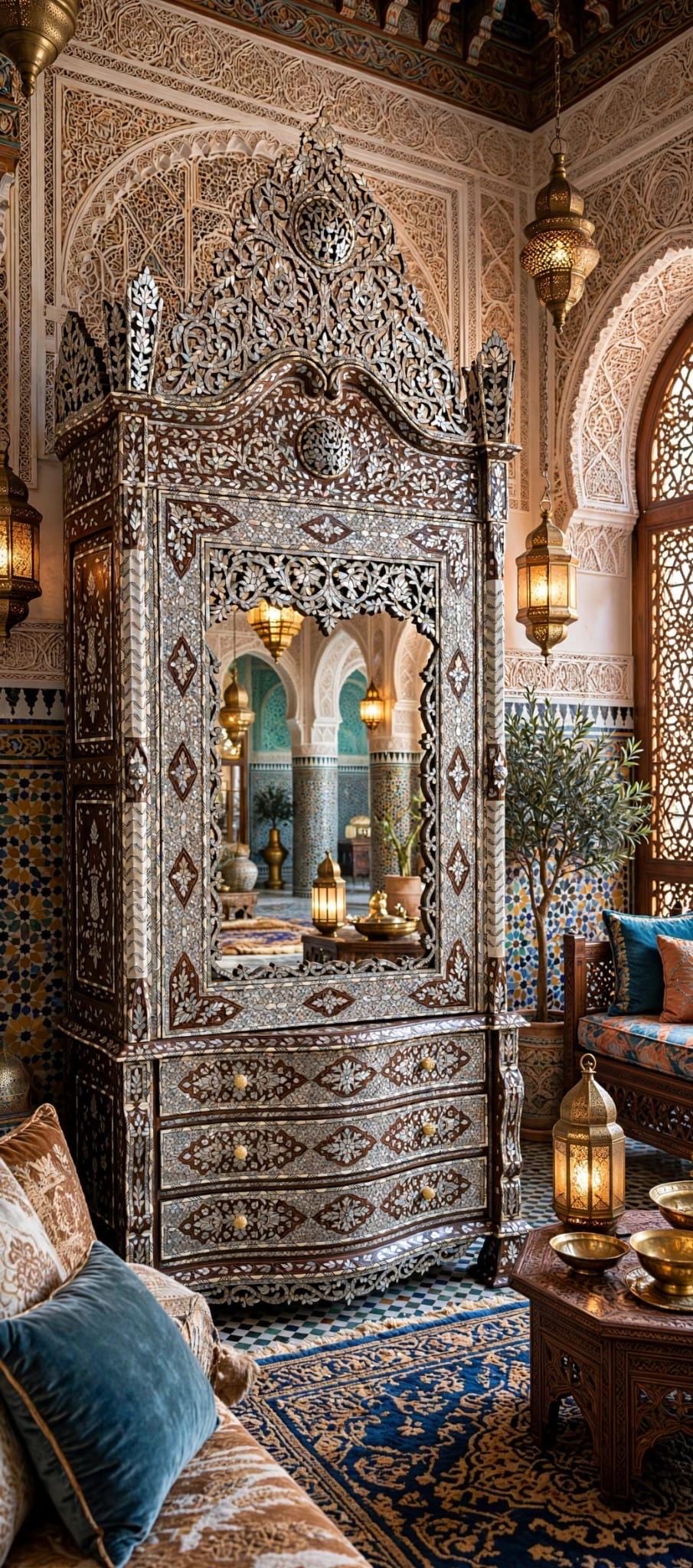 Handcrafted Syrian Mother of Pearl Armoire, Moroccan Bone Inlay