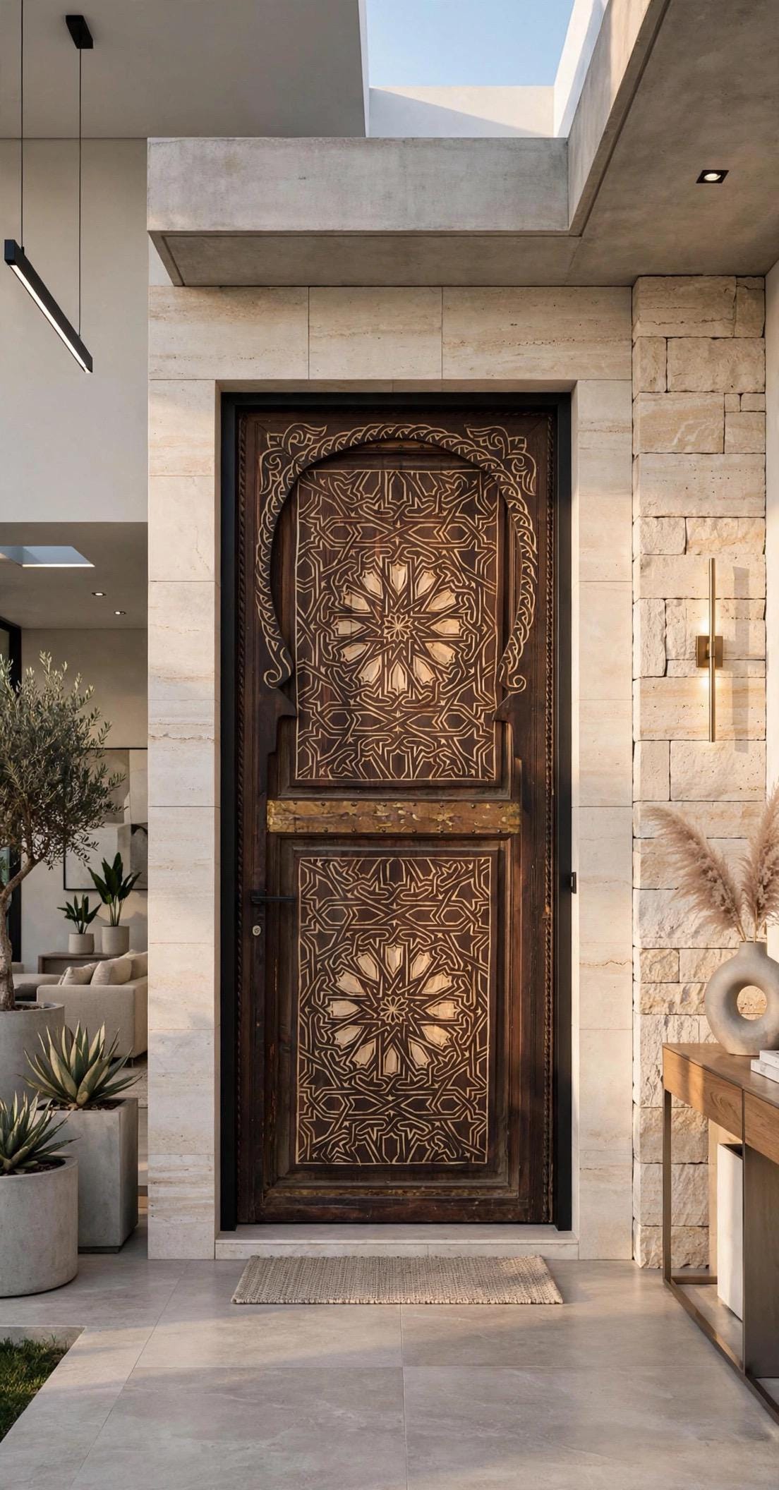 Vintage Moroccan Door, Geometric Hand Carved Wooden Panel (77x31)