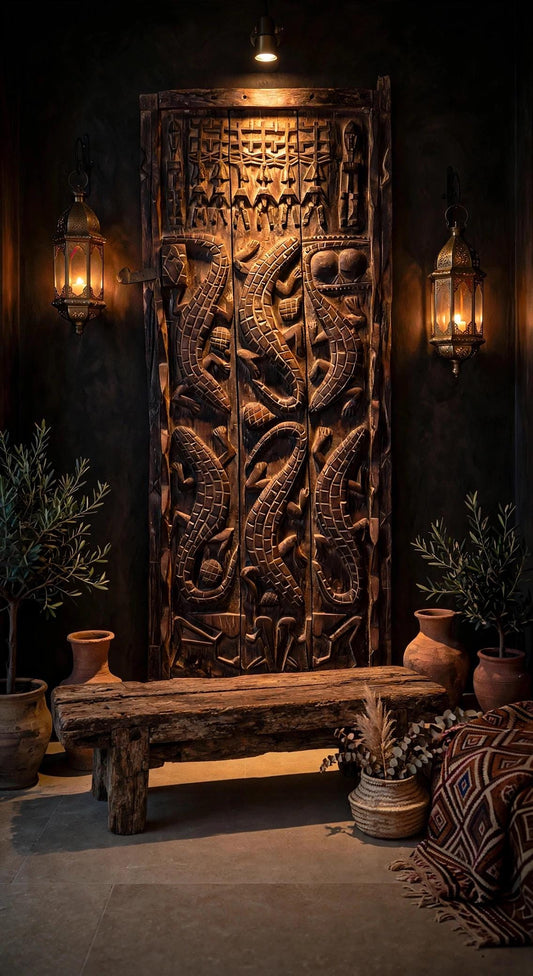 Museum display Antique African Dogon Door Panel: Crocodiles Carved Wood Tribal Art (71x28)