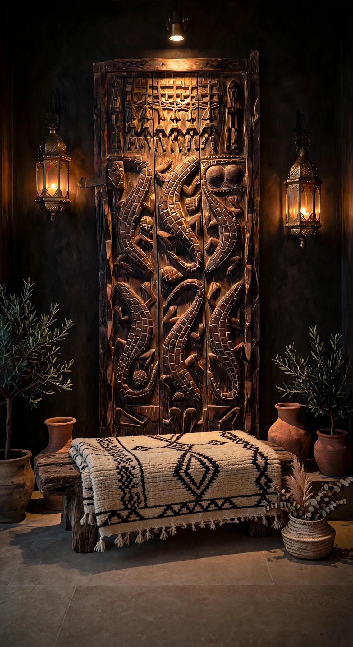 Museum display Antique African Dogon Door Panel: Crocodiles Carved Wood Tribal Art (71x28)