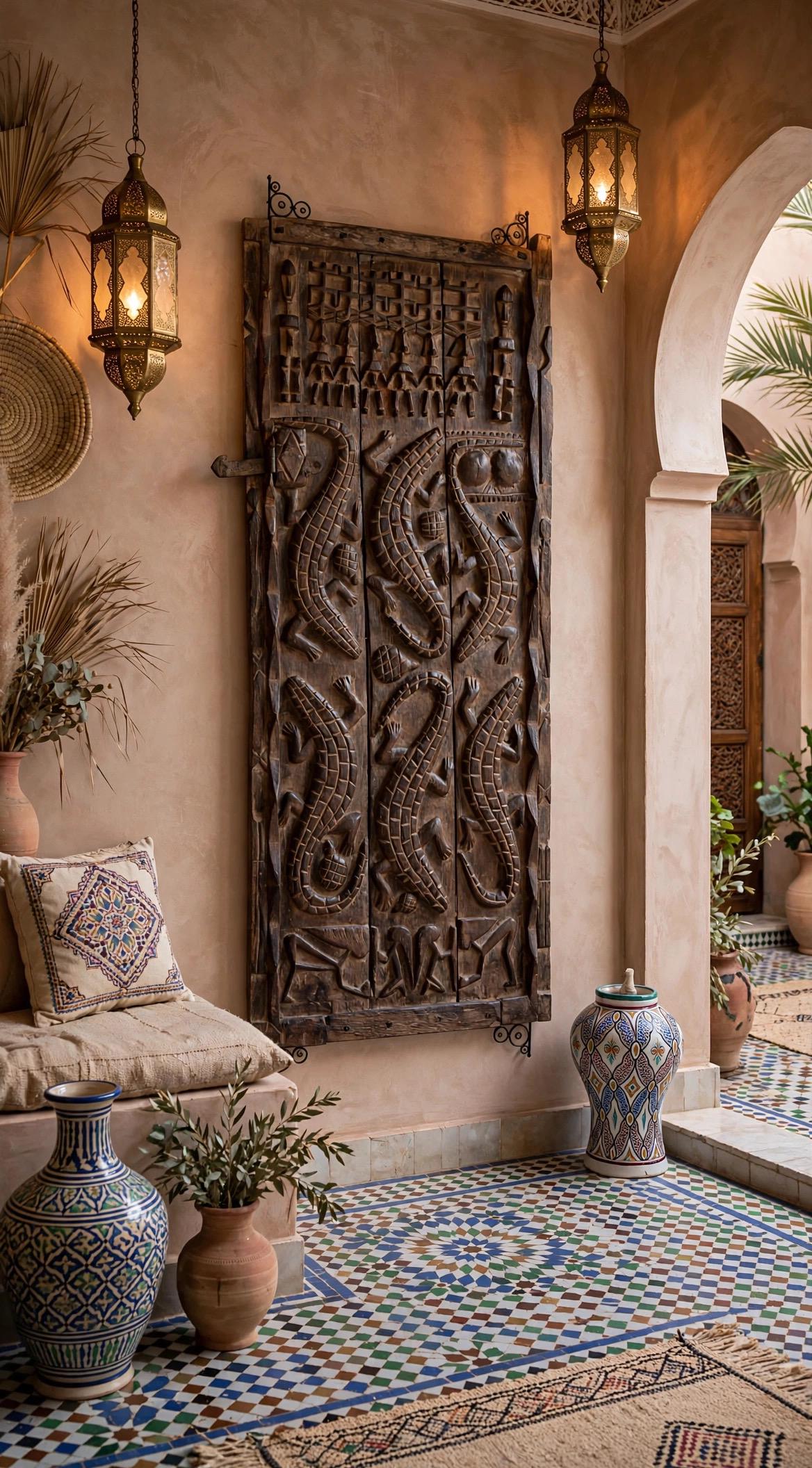 Museum display Antique African Dogon Door Panel: Crocodiles Carved Wood Tribal Art (71x28)