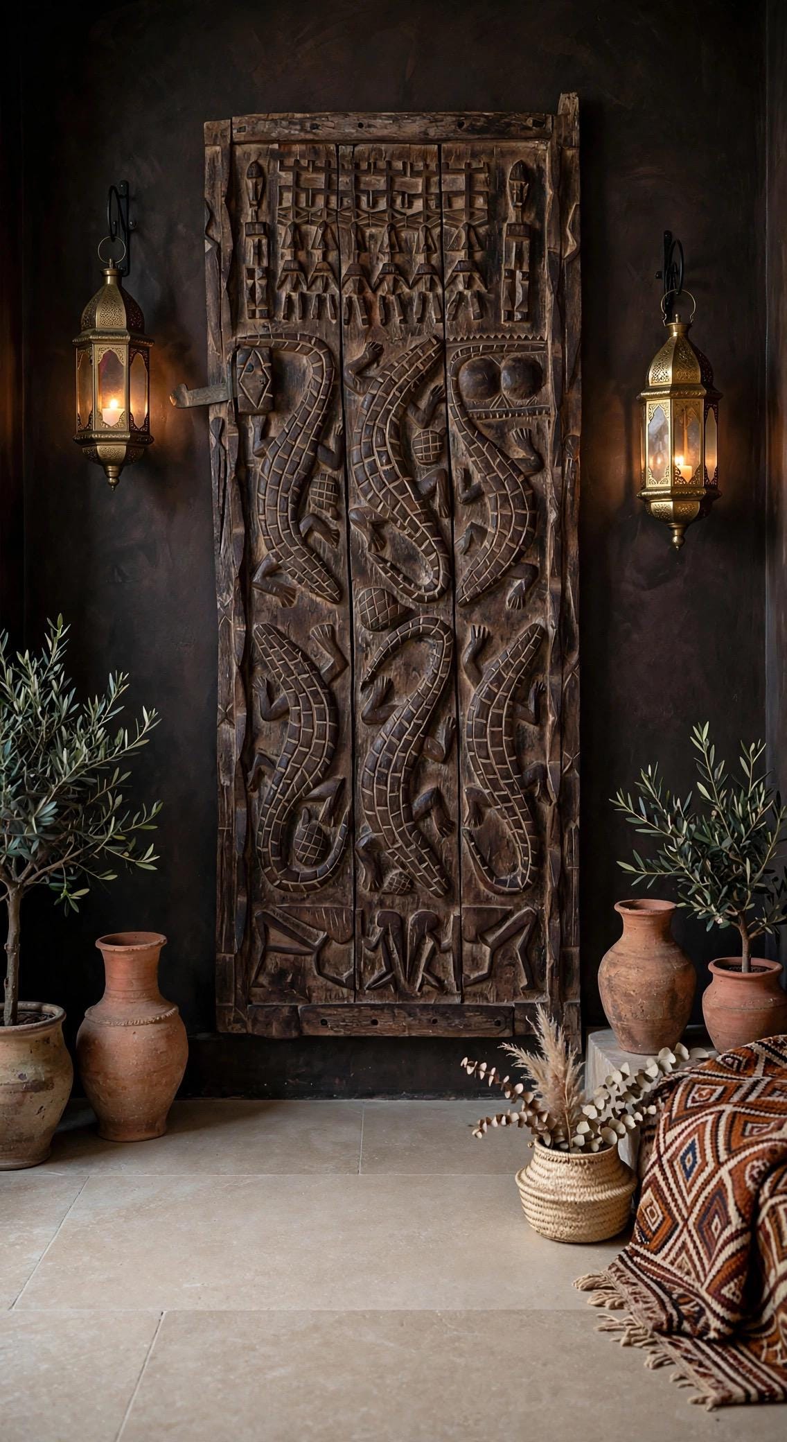 Museum display Antique African Dogon Door Panel: Crocodiles Carved Wood Tribal Art (71x28)