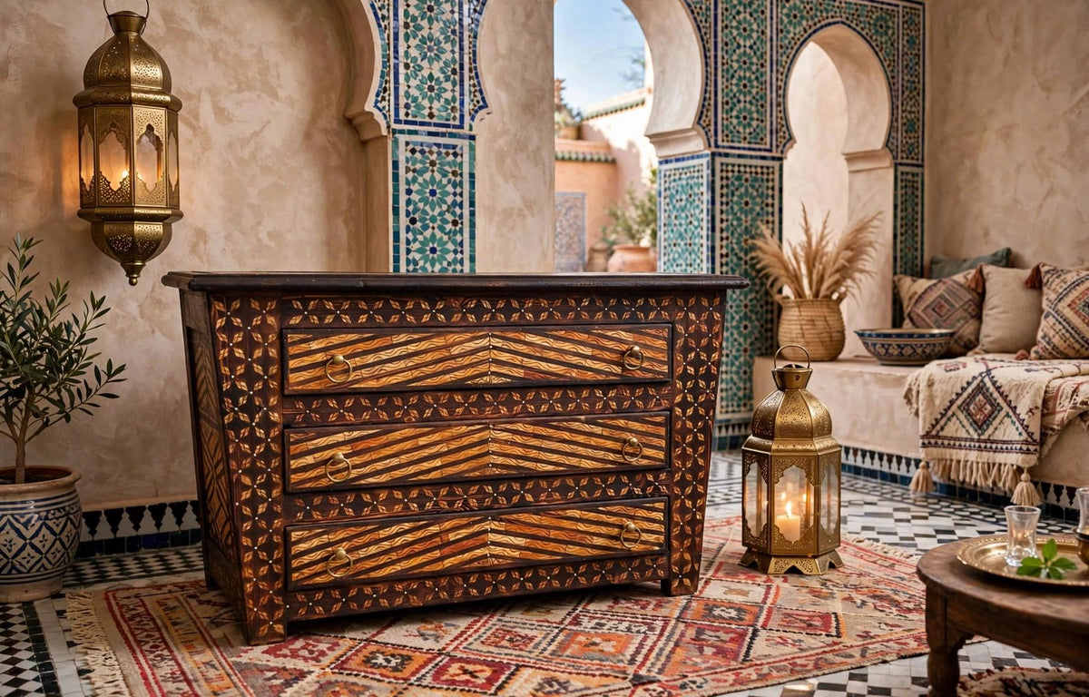 Inlaid Camel Bone Moroccan Dresser, Vintage Moorish Cabinet