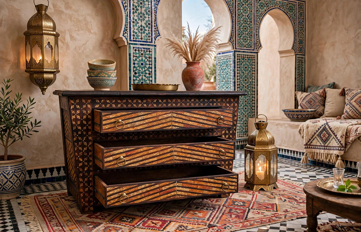 Inlaid Camel Bone Moroccan Dresser, Vintage Moorish Cabinet
