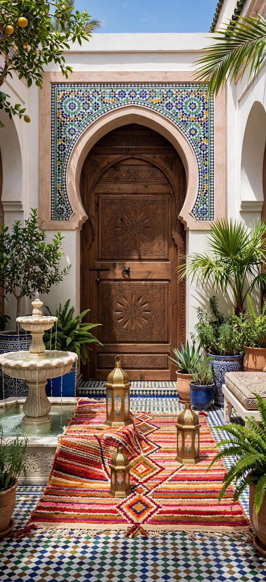 Hand Carved Moroccan Door, Geometric Moorish Woodwork, 79" Vintage Decor