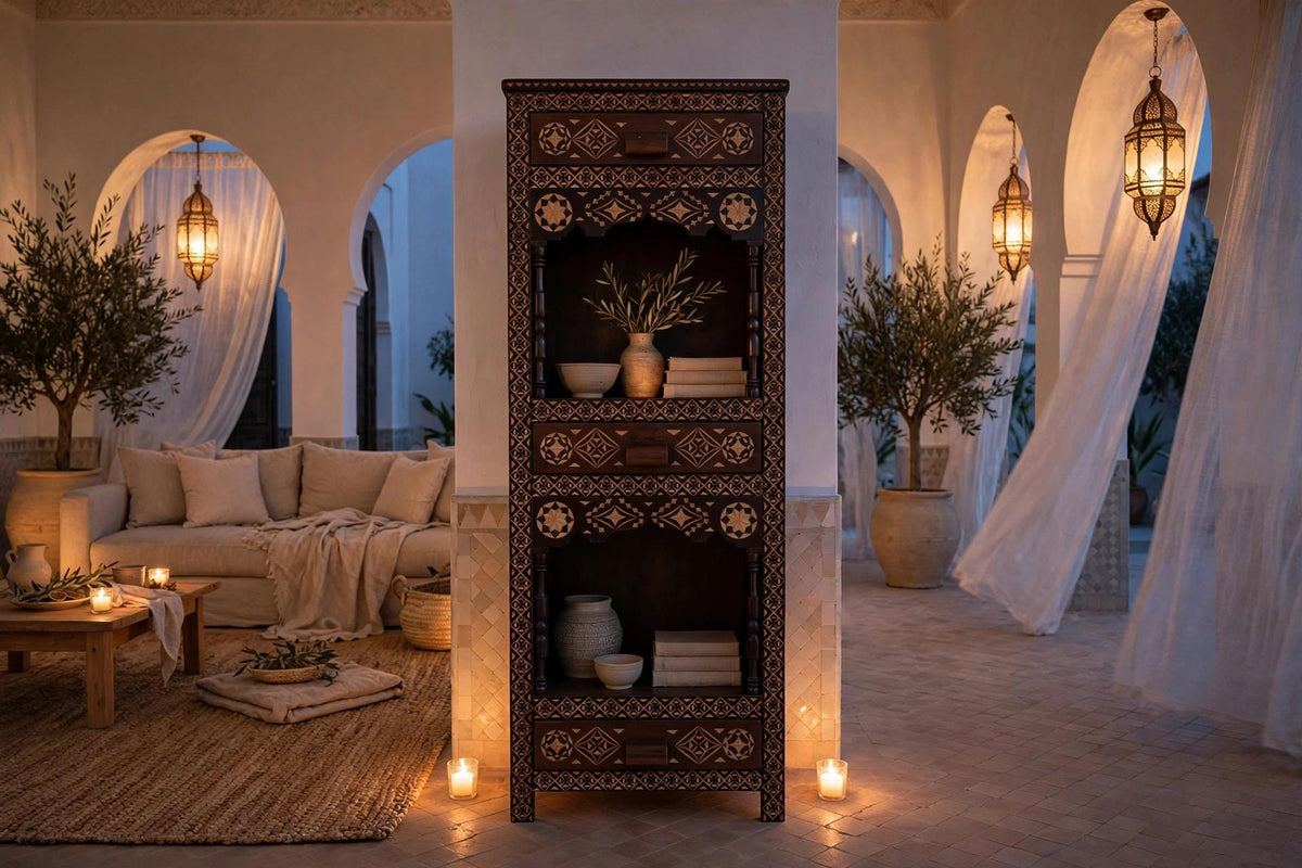 Three drawers Hand carved accent cabinet: Moroccan handcrafted wooden cabinet