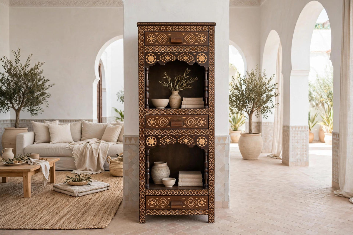 Three drawers Hand carved accent cabinet: Moroccan handcrafted wooden cabinet