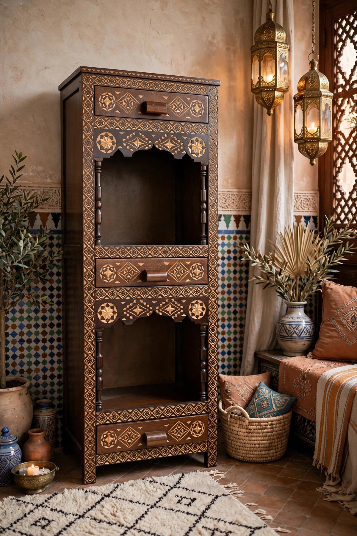 Three drawers Hand carved accent cabinet: Moroccan handcrafted wooden cabinet