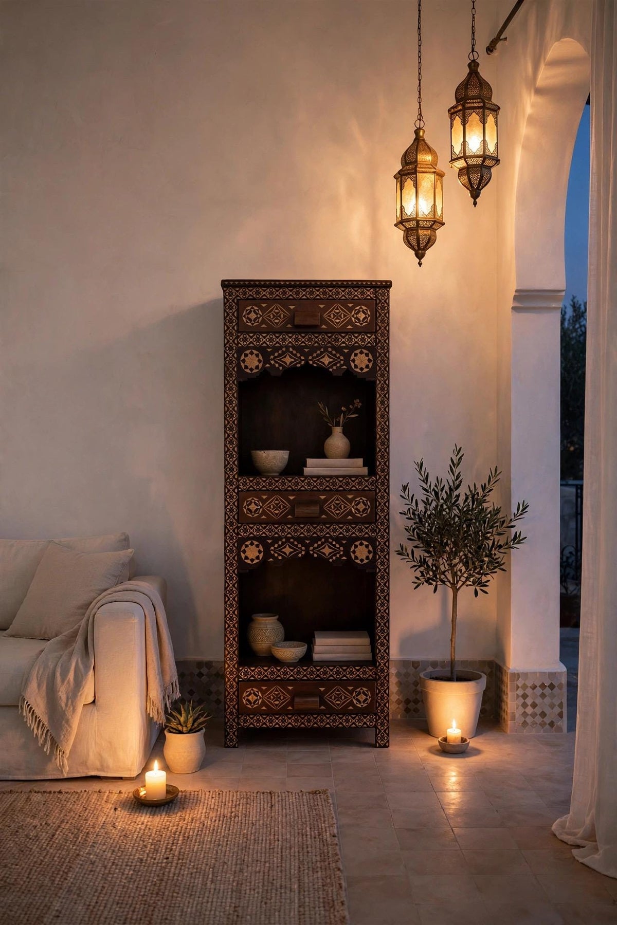 Three drawers Hand carved accent cabinet: Moroccan handcrafted wooden cabinet