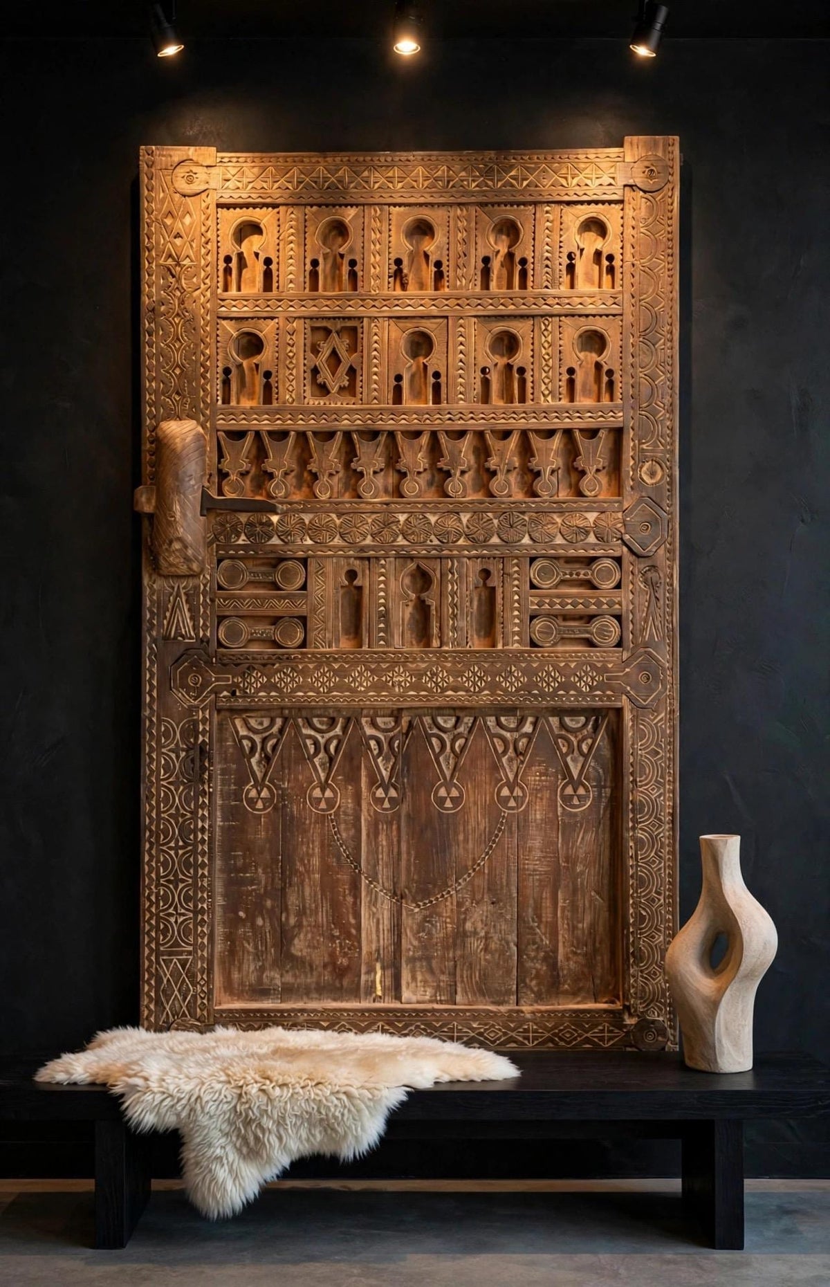 Authentic Moroccan Carved Wood Door – Traditional Berber African wall art decor