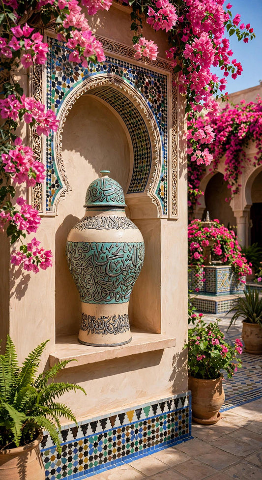 Handcrafted vintage Moroccan Calligraphy Ceramic Jar with Silver Wire Inlay & Turquoise Crackle Glaze