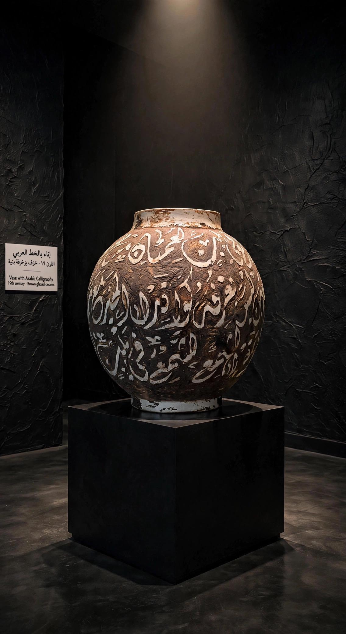19th century Moroccan Arabic calligraphy clay vase with intricate designs, handcrafted by Justmorocco.
